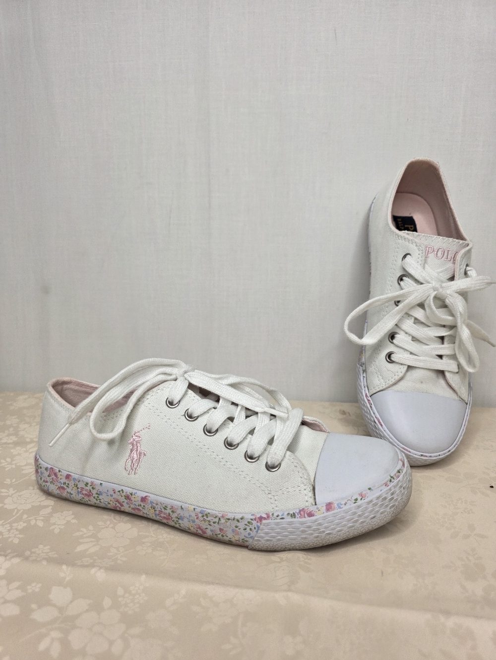 Polo Ralph Lauren Slone Floral Canvas Sneakers - White/Pink - Size 4.5